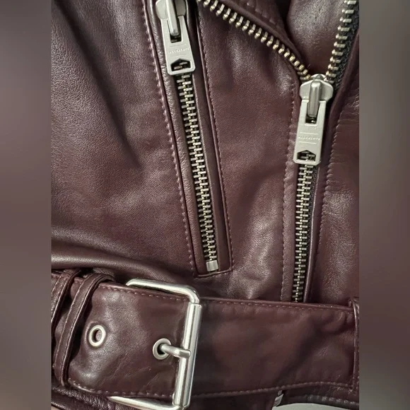 New AllSaints Balfern Leather Biker Jacket in Deep Berry Burgundy Womens’ Size 0